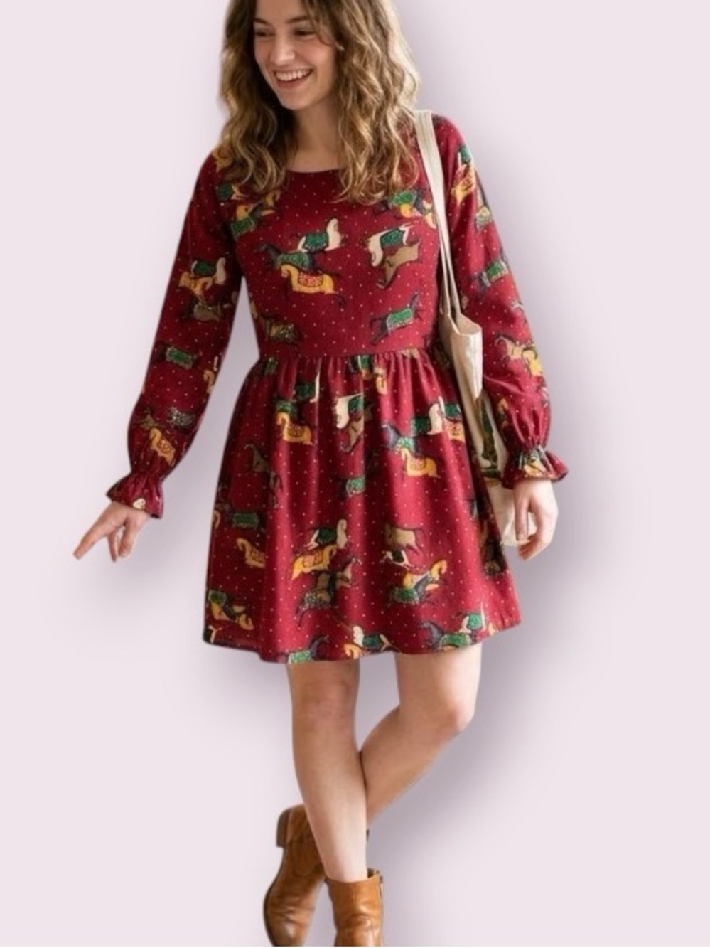 TSE Babydoll Long Sleeve Mini Dress Red Horse Equestrian Carrousel Medium